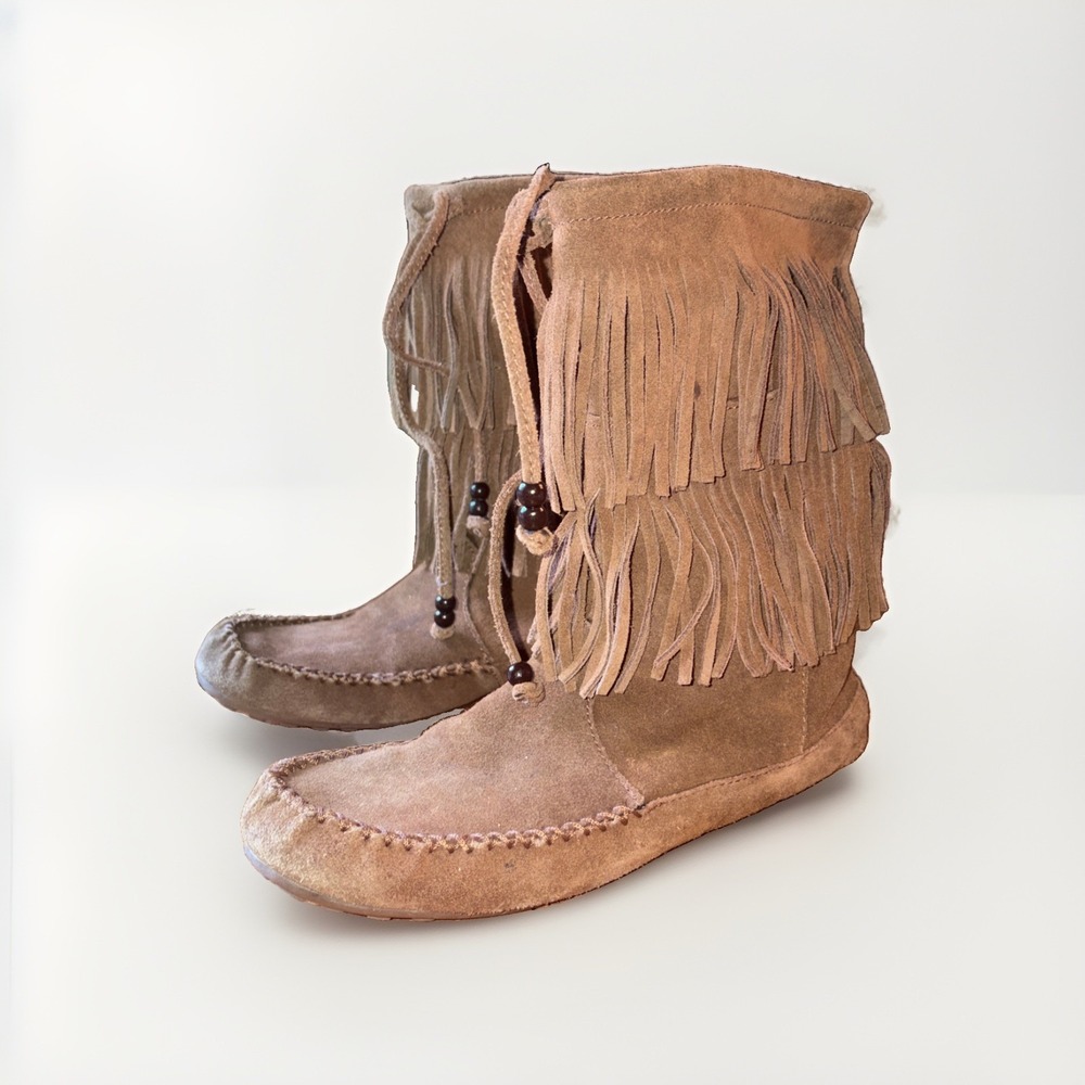Minnetonka Leather Beaded Fringe Moccasin Boots Bohemian Women's 7